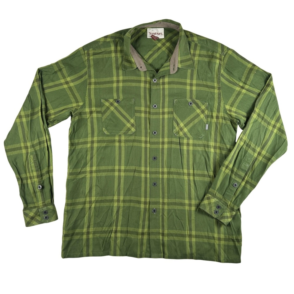Simms Shirt Mens XL Green Plaid Long‎ Sleeve Button Front Fishing Tencel Casual